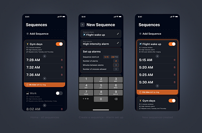 Dark mode alarm app alarm app app button clean component create dark mode design figma interaction ios minimal mobile app orange product design smooth ui ui design ux ux design