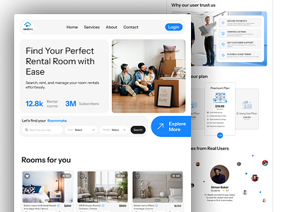 RentBro - Rental Management App animation blue flats landing page landloard logo management roommate sublet rooms ui ux website white theme