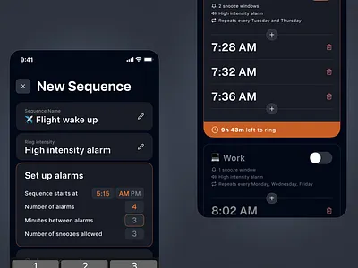 Dark mode alarm app alarm app button clean component create dark mode design emoji flow interaction ios minimal mobile app orange product design time ui ui design ux ux design