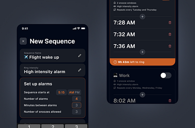 Dark mode alarm app alarm app button clean component create dark mode design emoji flow interaction ios minimal mobile app orange product design time ui ui design ux ux design