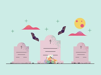 Halloween night at the cemetery 2d animation bat candy halloween illustration moon motion graphics night tomb trick or treat zombie zombie hand