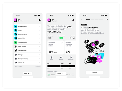 Crybit app – crypto wallet ai ai driven app application crypto app crypto portfolio crypto wallet defi defi app fintech fintech app menu metrics portfolio stats ui ux visual identity walkthrough web3 app