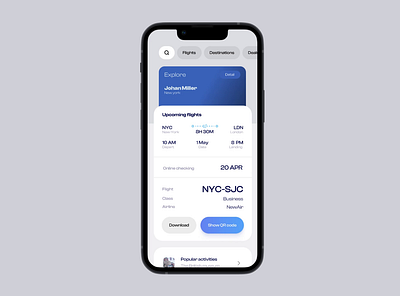 Flight booking app – Prototype appdesign appprototype boardingpass cleanui flightapp flightmanagement flighttracking milestracking minimaldesign mobileapp prototypedesign travelapp travelplanning uiuxdesign