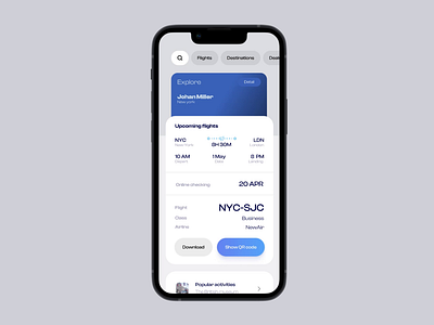 Flight booking app – Prototype appdesign appprototype boardingpass cleanui flightapp flightmanagement flighttracking milestracking minimaldesign mobileapp prototypedesign travelapp travelplanning uiuxdesign