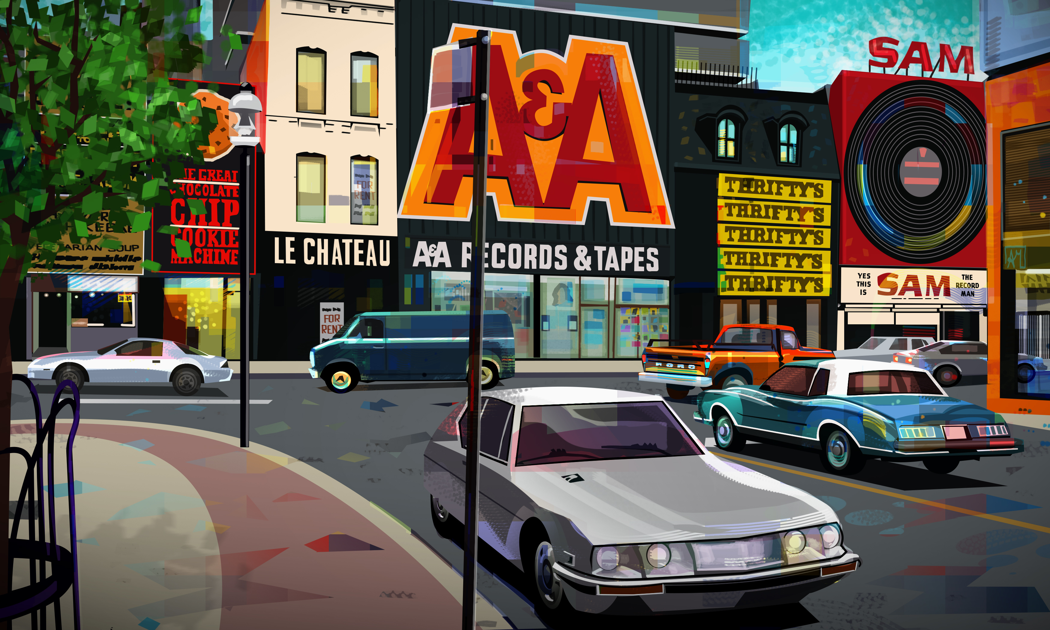Retro Toronto - 1980s Elm & Yonge St. 80s city colourful illustration print retro street toronto vector yonge
