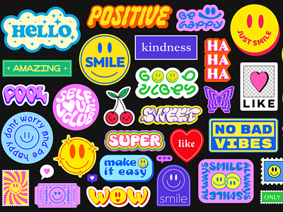 Positive Stickers Y2k Design. Cool Pop Art Groovy Patches. 90s abstract art badge collage cool design good vibes groovy happy illustration label optimistic patch pop positive smile sticker vector y2k