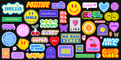 Positive Stickers Y2k Design. Cool Pop Art Groovy Patches. 90s abstract art badge collage cool design good vibes groovy happy illustration label optimistic patch pop positive smile sticker vector y2k