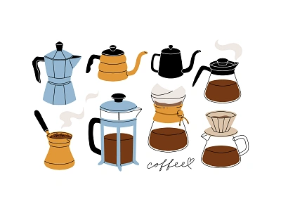 Coffee makers americano cafe cartoon coffee concept cute design drink equipment filter flat french illustration italian kitchen maker press turkish vector