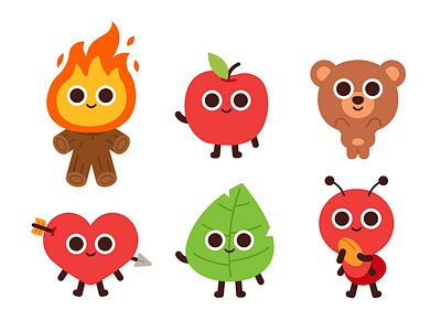 Campfire Friends animals ant apple bear campfire cartoon character cute digital flat food funny heart icons illustration leaf logo love mascot vector