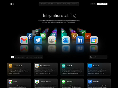 Clay - Integrations page dark mode clay crm dark mode integrations prm sketch webdesign