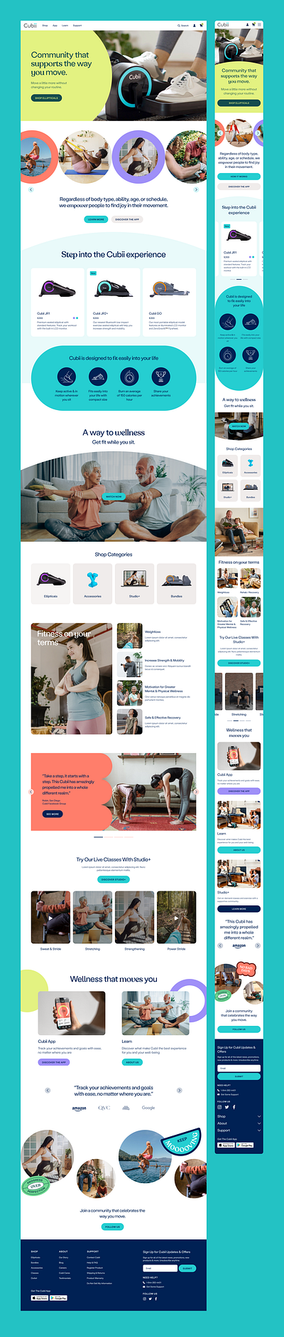 Cubii Home active app colorful commerce community digital elderly elliptical equipment exercise fitness health nutrition optimism playful product shop ui ux wellness