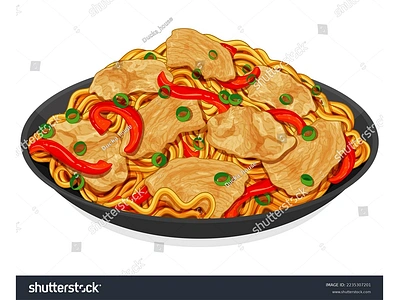 Chinese stir fry noodles with chicken menu vector. anime cartoon food icon food illustration illustration manga pork noodles vector