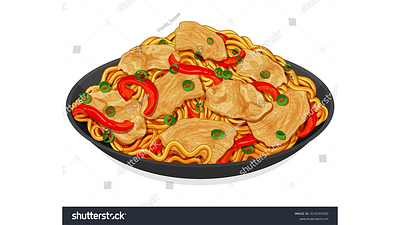 Chinese stir fry noodles with chicken menu vector. anime cartoon food icon food illustration illustration manga pork noodles vector