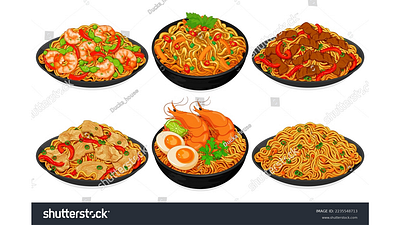 Asian stir fry noodles recipe illustration set vector. beef noodles chicken noodles food icon noodles pork noodles shrimp noodles