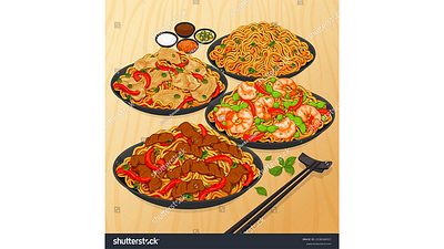 Asian stir fry noodles recipe illustration set vector. anime beef noodles cartoon food icon food illustration illustration manga noodles banner vector