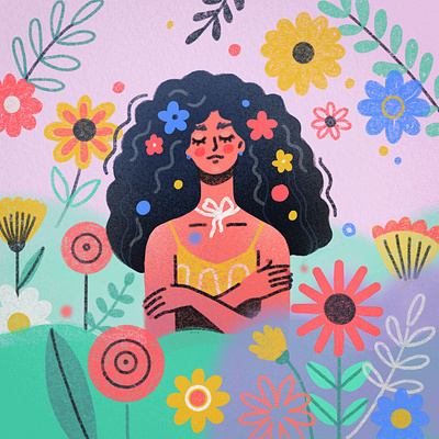 curly woman cute dreamy flat flowers girl character girlillustration hands hug illustration pink selfcare woman