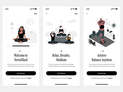 SerenMind - Onboarding screens for a meditation app design illustration onba onboarding onboardingscreens product design ui uiux ux