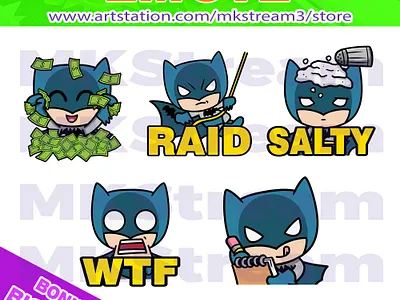 Emotes Chibi Batman rich, raid, salty, wtf & note pack animated emotes anime batman batman emotes chibi batman cute dark knight design emoji emote emotes illustration note raid rich salty stickers sub badge twitch emotes wtf