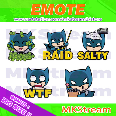 Emotes Chibi Batman rich, raid, salty, wtf & note pack animated emotes anime batman batman emotes chibi batman cute dark knight design emoji emote emotes illustration note raid rich salty stickers sub badge twitch emotes wtf