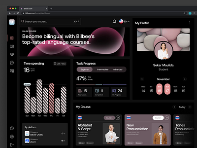 Bilbee - E-learning Dashboard bootcamp course app course dashboard courses courses saas dark dashboard e learning education learning platform learning skills my profile online course saas school study task progress time spending ux course vektora