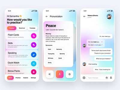 Language Learning App Exploration ai card chat clean conversations design glassmorphism gradient homepage language layout learn minimalist mobile translate typography ui ux vibrant whitespace