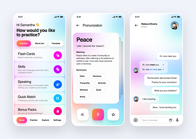 Language Learning App Exploration ai card chat clean conversations design glassmorphism gradient homepage language layout learn minimalist mobile translate typography ui ux vibrant whitespace