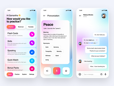 Language Learning App Exploration ai card chat clean conversations design glassmorphism gradient homepage language layout learn minimalist mobile translate typography ui ux vibrant whitespace