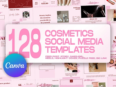 128 Cosmetics Social Media Templates beauty canva template cosmetics graphic design instagram feed instagram post instagram post template instagram stories template instagram template skin care social media banner social media kit social media pack social media templates