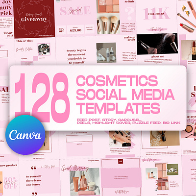 128 Cosmetics Social Media Templates beauty canva template cosmetics graphic design instagram feed instagram post instagram post template instagram stories template instagram template skin care social media banner social media kit social media pack social media templates