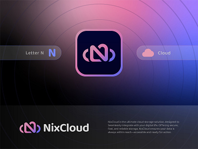 NixCloud Logo Design: Letter N + Cloud app icon branding. cloud cloud computing cloud hosting cloud logo cloud storage drive glassmorphism gradient logo hosting letter n logo design modern logo saas server software storage tech web3