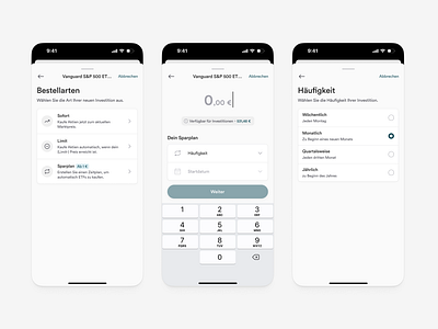 Finance Investment App Concept: Setup ETF Savings Plan Flow app button design finance mobile product product design radio ui user interface widget