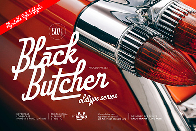 Black Butcher - Retro Car Font 60s 70s american brand branding car classy elegant fontfonts logo logotype luxury muscle retro script type typeface typo typography vintage