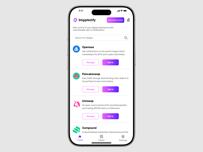 DappNotify - Opt-in Notification for dApps app crypto dapp decentralized finance mobile notification ui ui design ux web3