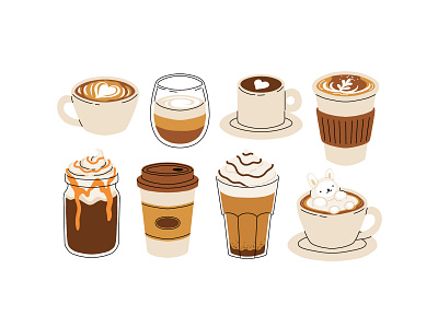 Coffee cups set art cappuccino cartoon coffee concept cup design drink flat foam illustration latte milk vector