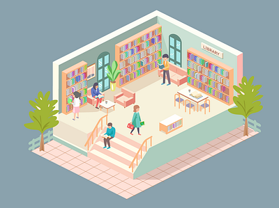 Discovery Time in the Library 2d bookcase books building character colorful design family game graphic design illustration interior design isometric library literature map mobile reading vector work