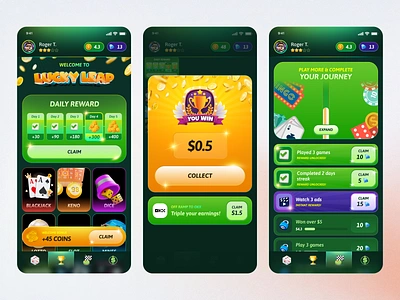 Casino Game Screens ad bet cards casino coin components crypto daily reward game gamification header interface list mobile app modal onboarding play progress watch you win