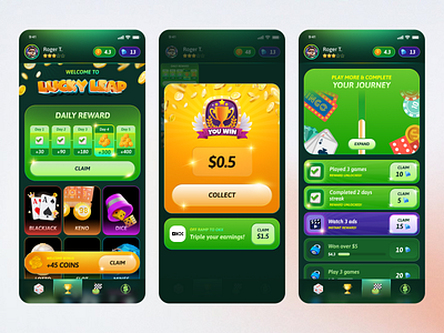 Casino Game Screens ad bet cards casino coin components crypto daily reward game gamification header interface list mobile app modal onboarding play progress watch you win