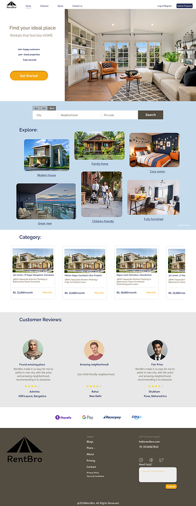 House Rent Website_Landing page booking branding budget friendly categories color theory designer figma footer graphic design header homepage illustration landing page logo mockup renting property uiux user interface