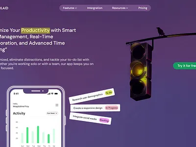 A Productivity and Task Management Landing Page collaboration design home page landing page product design real time collaboration task management time management traffic lights ui uiux visual design