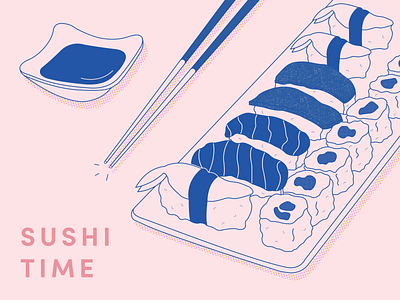 Sushi Japanese illustration available to buy as print on Etsy chopsticks design electric blue japanese design japanese print pink soy sauce sushi sushi illustration sushi print sushi roll sushi time