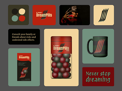 Dr. Krueger's DreamPills branding color palette dribbble figma freddy krueger graphic design halloween horror logo mockups packaging sleeping pills the nightmare on elm street weekly warp up wellness