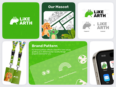 Likearth Branding Identity brand pattern branding character dino dinosaurs graphic design green illustration landyard logo mascot pattern