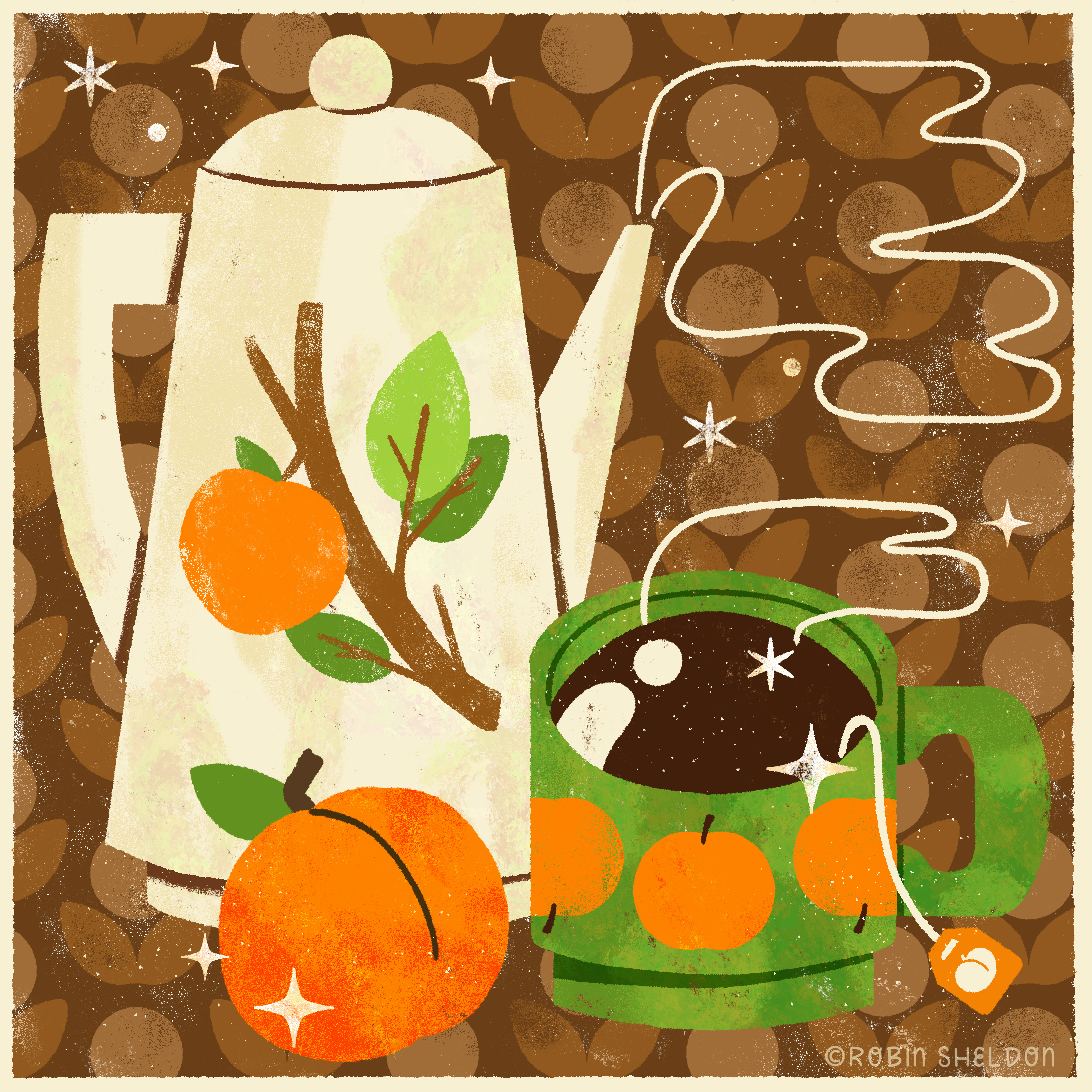 Peachtober Day 9: Apricot 🍑 apricot cute design digital digital illustration fall food food illustration illustration peachtober24 peachtoberapricot retro robin sheldon tea vintage