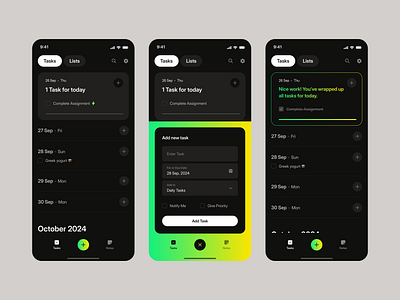 Task Manager App Home app design bottom sheet calendar create new modal daily reminder dark theme end of the day summary home screen mobile mobile app modal design popup modal summary task manager