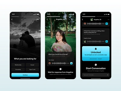 Dating app concept 2 app design clean app design inspiraion dark theme dating app design message inspiration new app send message voice note