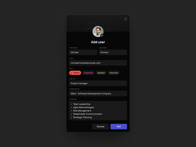 Modal add user add user avatar frist name full name input field modal pop up ui design uiux visual design