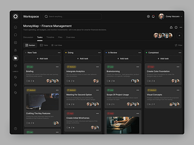 Workspace Web App app board cards clean dark design fireart kanban mode ui ux workflow