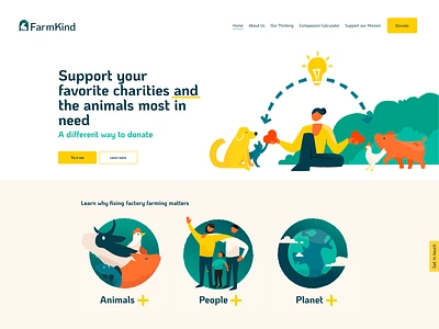 Farmkind illustrations animals cat charity chicken cow dog family farm fish hero illustration kind pig planet ui vegan webdesign