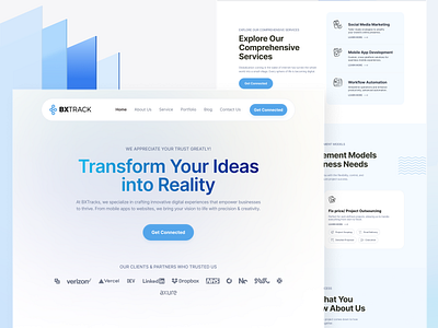 BXTrack - Digital Agency Website Design agency ai artificial intellegence branding company logo company website design header hero section minimal nav bar partner title top section typography ui ui design web 3 website sections