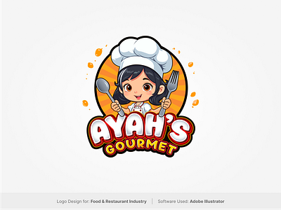 Ayah's Gourmet Logo 2d character design character illustration logo chef logo food logo gourmet logo graphic design kid chef logo logo noodle logo